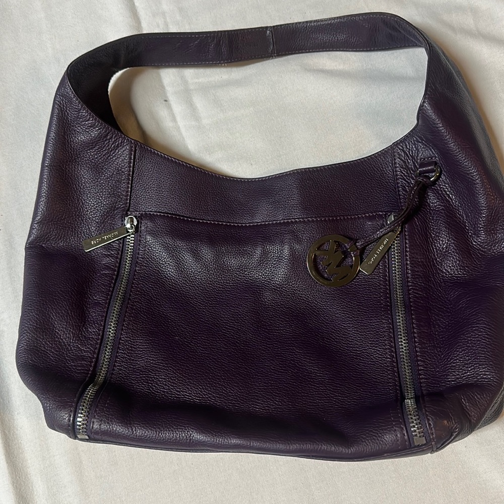 Michael Kors Purple Pebbled Leather Hobo Style Purse With 2 Outside Pockets